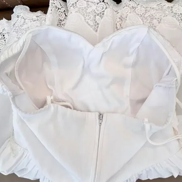 Coastal Cowgirl White Ruched Ruffles with eyelet Dress Small Cottage Coquette - Picture 9 of 9